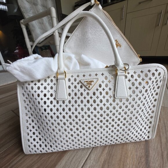 Prada  Perforated White Tote Top Handle Handbag - Picture 1 of 12